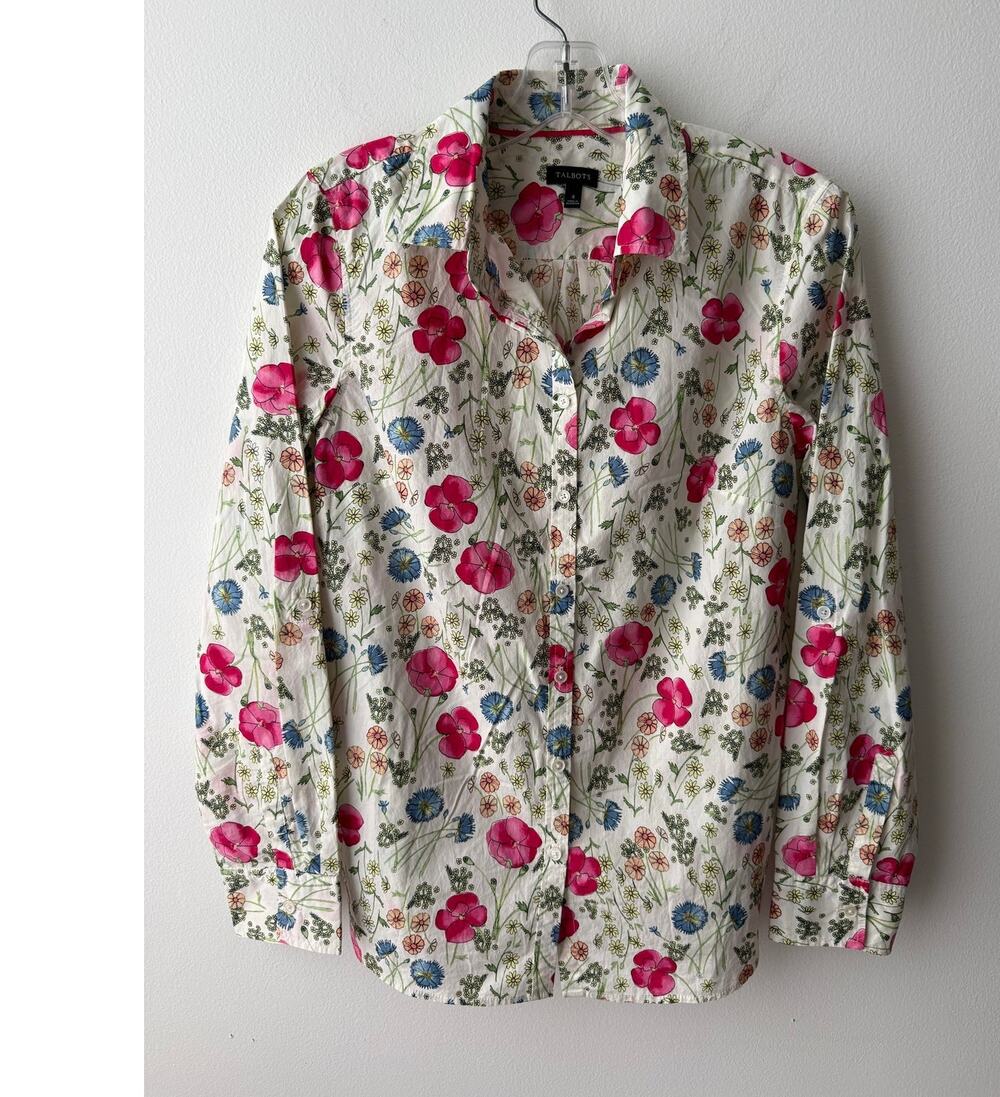 Talbots Floral Top White Pink Blue Cottage Tropical Preppy Button Down Shirt 4